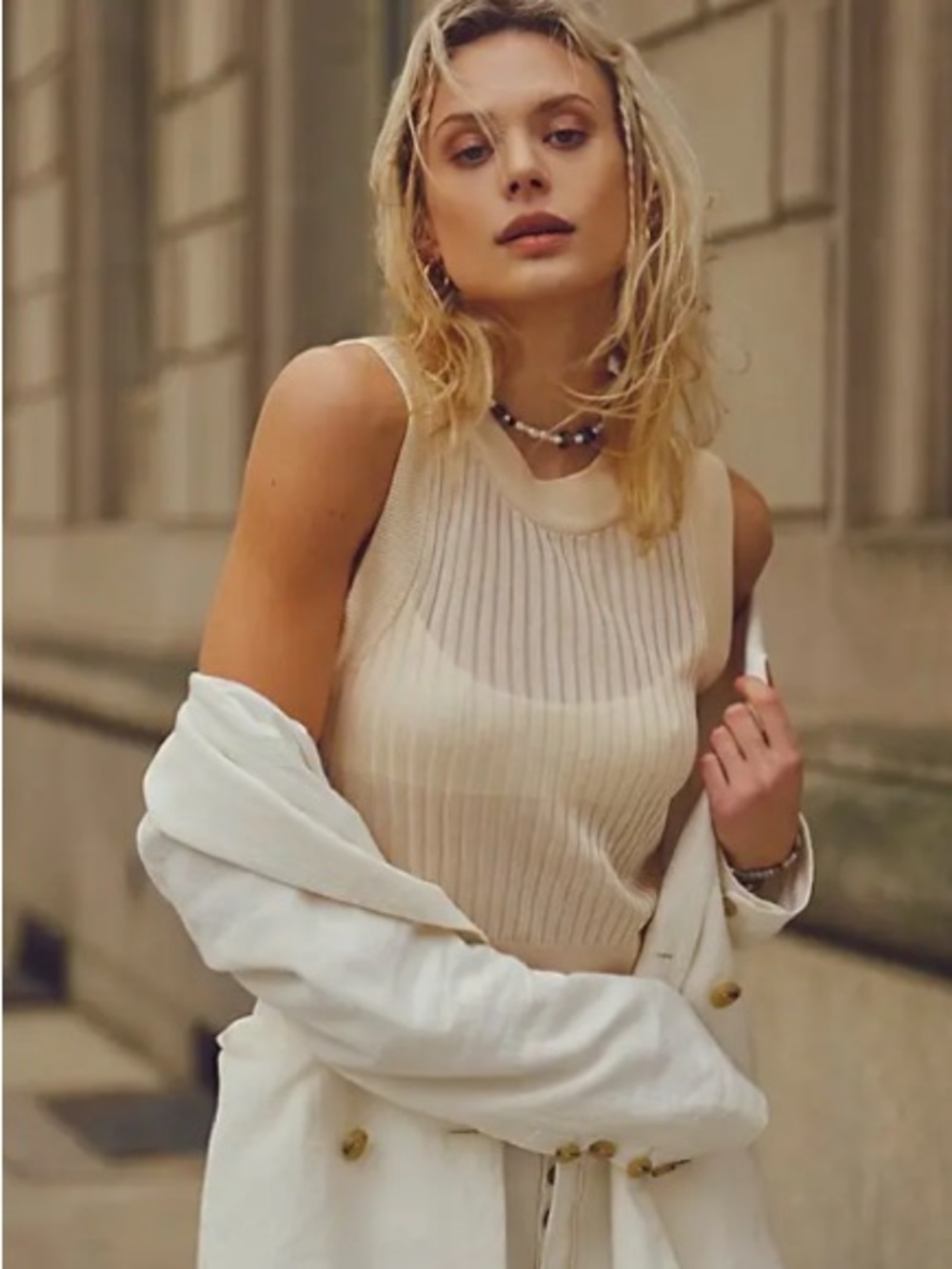 Free People Dylan Ribbed Tank Vest - Cream